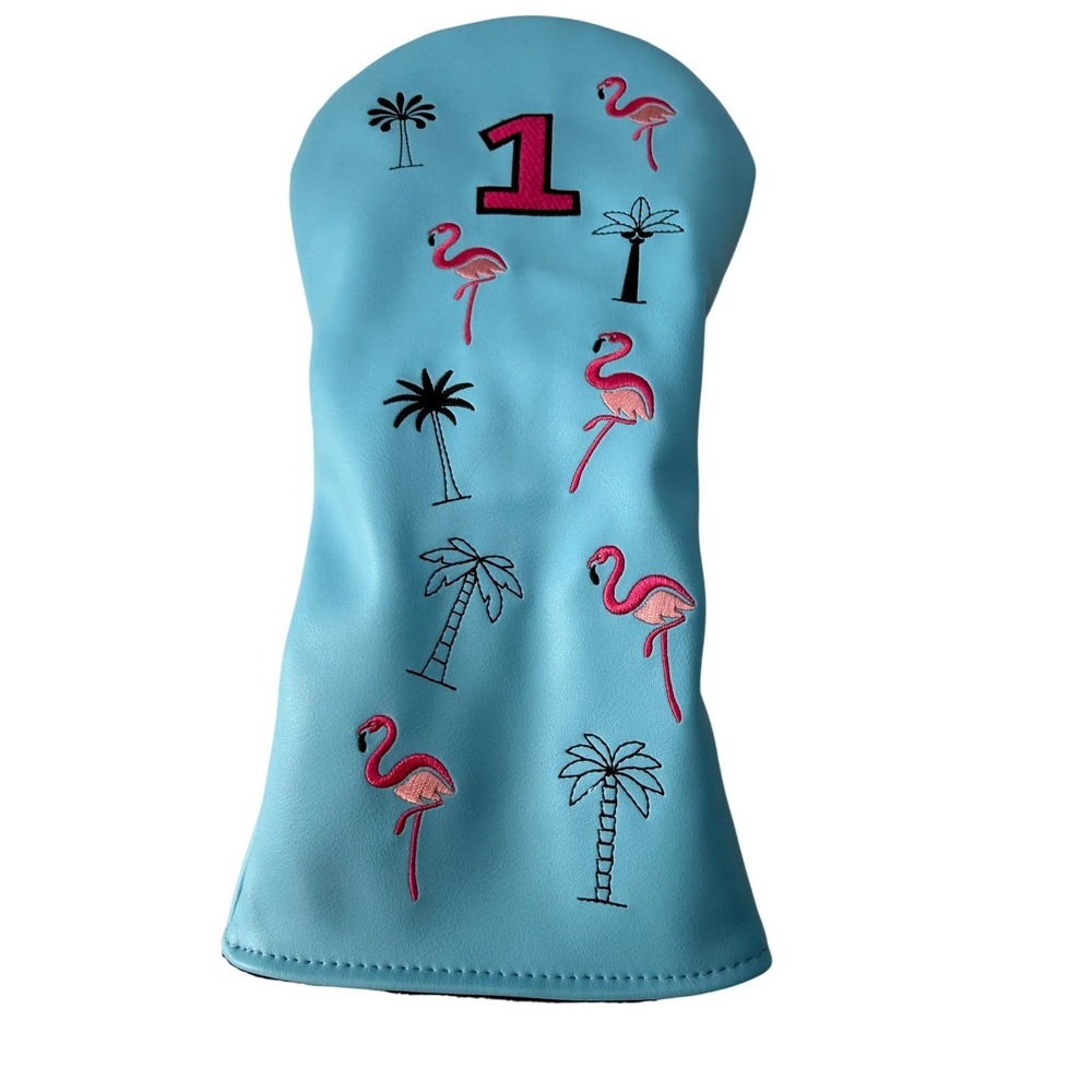 Blue Flamingo Palm Tree Driver Golf Headcover #1 Wood Embroidered Lined NEW